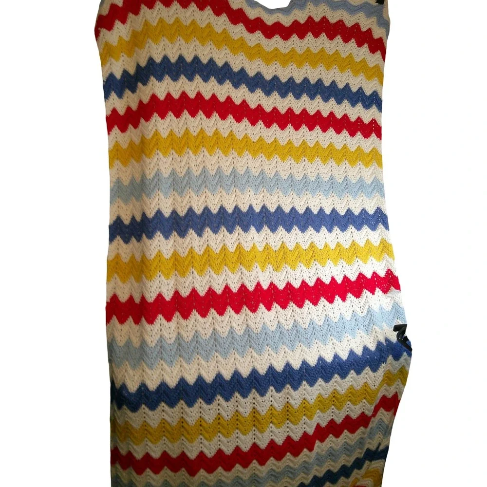 Vintage Handmade Crochet Blanket Throw Red Yellow Blue Chevron Stripe‎ 75